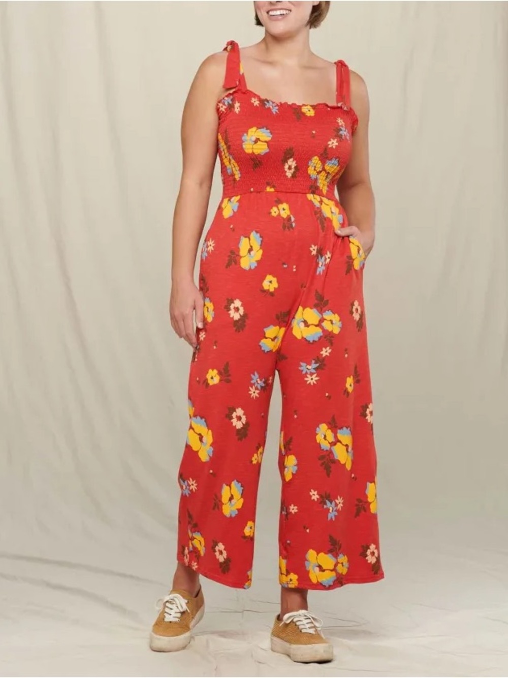 Toad & Co Gemina Red Floral Tie-Shoulder Wide-Leg Jumpsuit